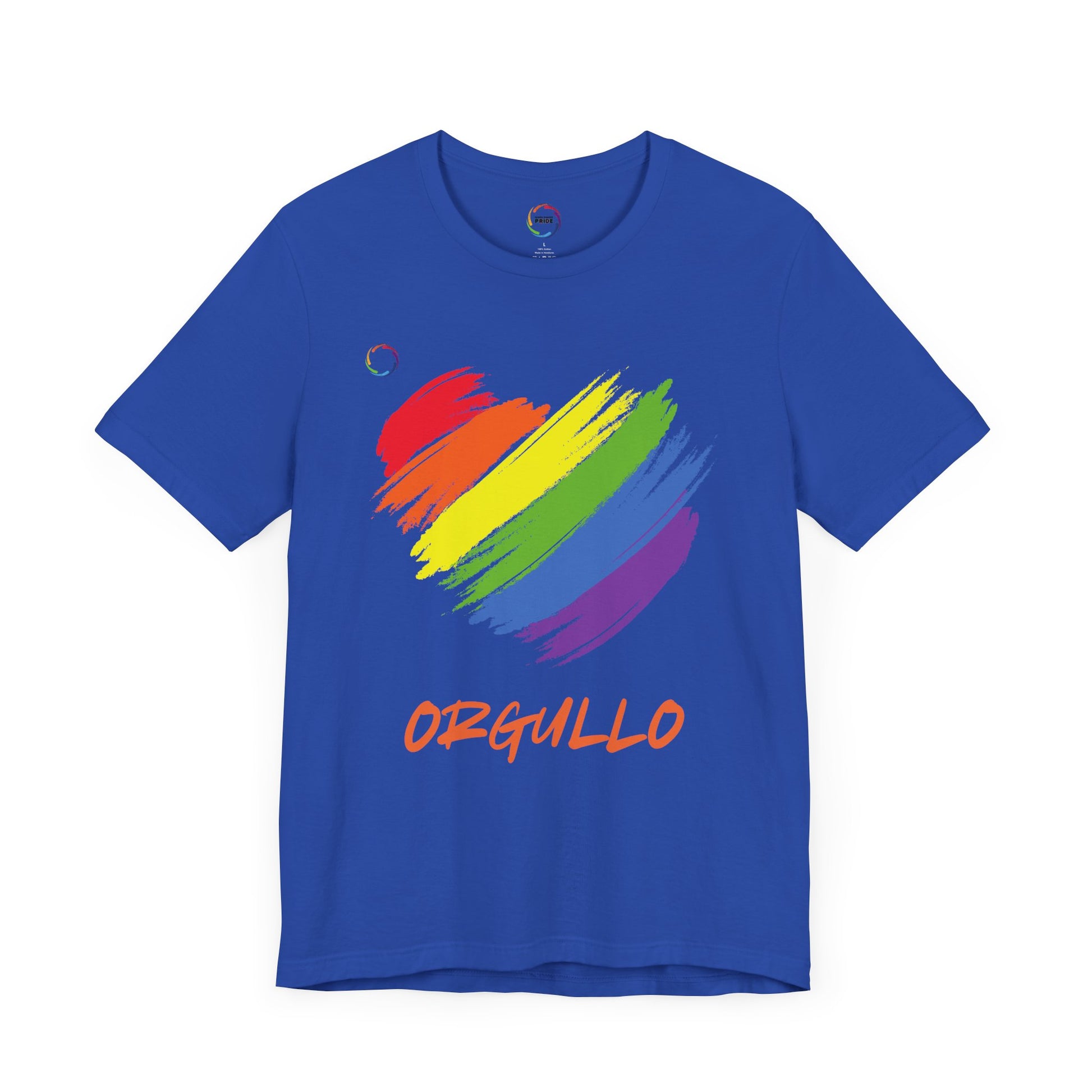 Royal blue T-shirt featuring a rainbow-colored splotch brushstroke heart design with the word ORGULLO, celebrating pride in Spanish, below in yellow-orange letters. Perfect for showing support for the LGBTQ community and Worldwide PRIDE events.