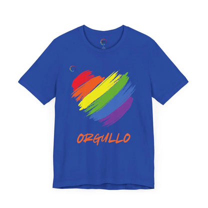 Royal blue T-shirt featuring a rainbow-colored splotch brushstroke heart design with the word ORGULLO, celebrating pride in Spanish, below in yellow-orange letters. Perfect for showing support for the LGBTQ community and Worldwide PRIDE events.
