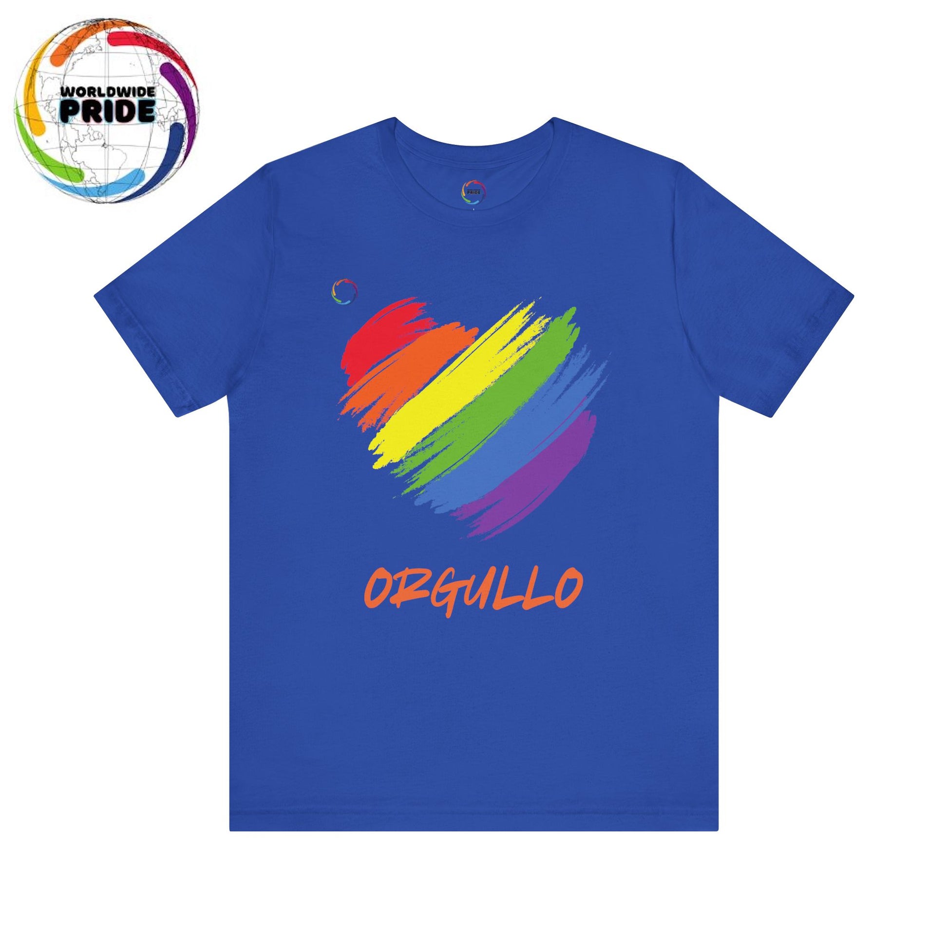 Royal blue T-shirt featuring a rainbow-colored splotch brushstroke heart design with the word ORGULLO, celebrating pride in Spanish, below in yellow-orange letters. Perfect for showing support for the LGBTQ community and Worldwide PRIDE events.
