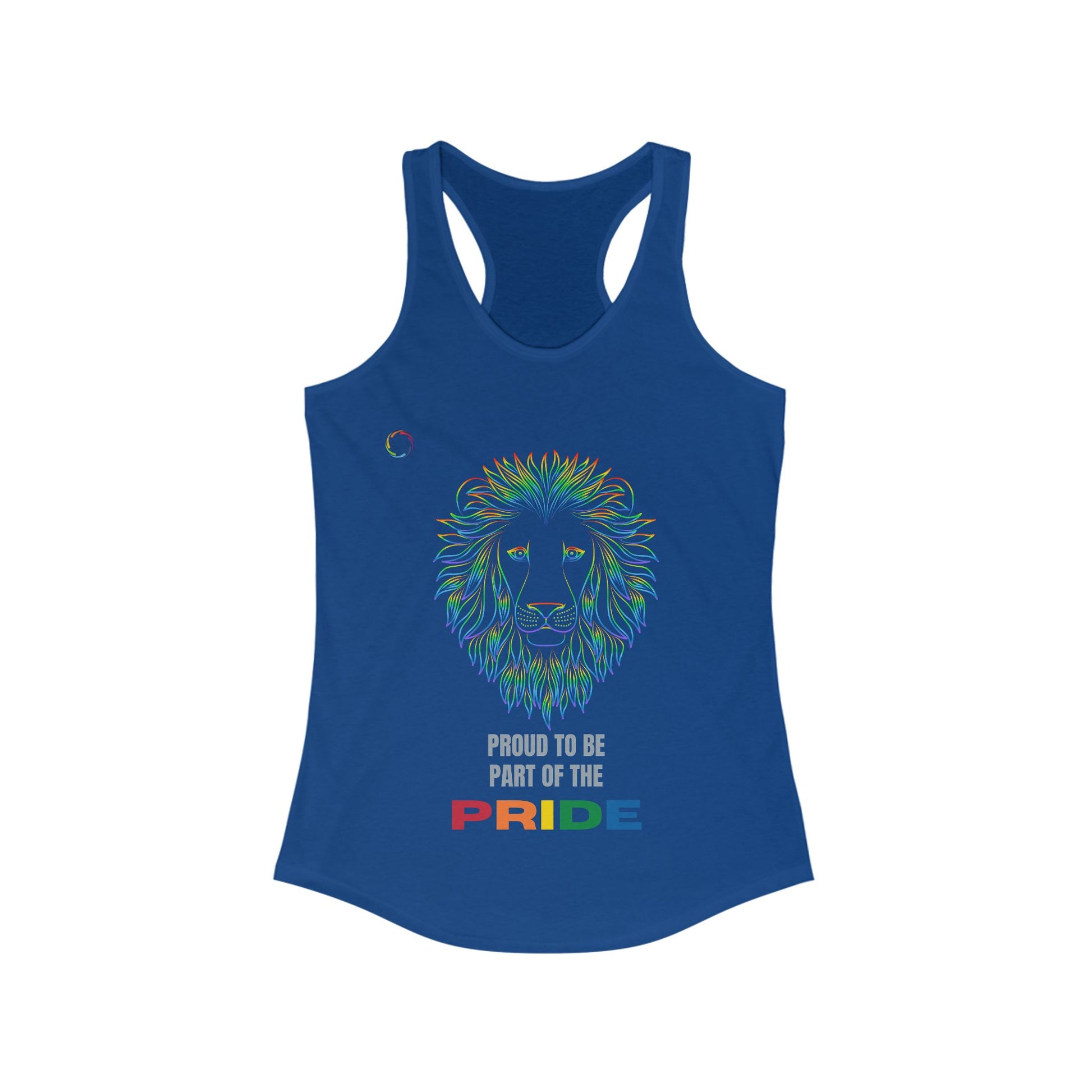 Royal blue tank top featuring a colorful lion illustration and the text Proud to be part of the PRIDE, with PRIDE in rainbow colors, celebrating the vibrant spirit of the LGBTQ community.