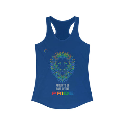 Royal blue tank top featuring a colorful lion illustration and the text Proud to be part of the PRIDE, with PRIDE in rainbow colors, celebrating the vibrant spirit of the LGBTQ community.