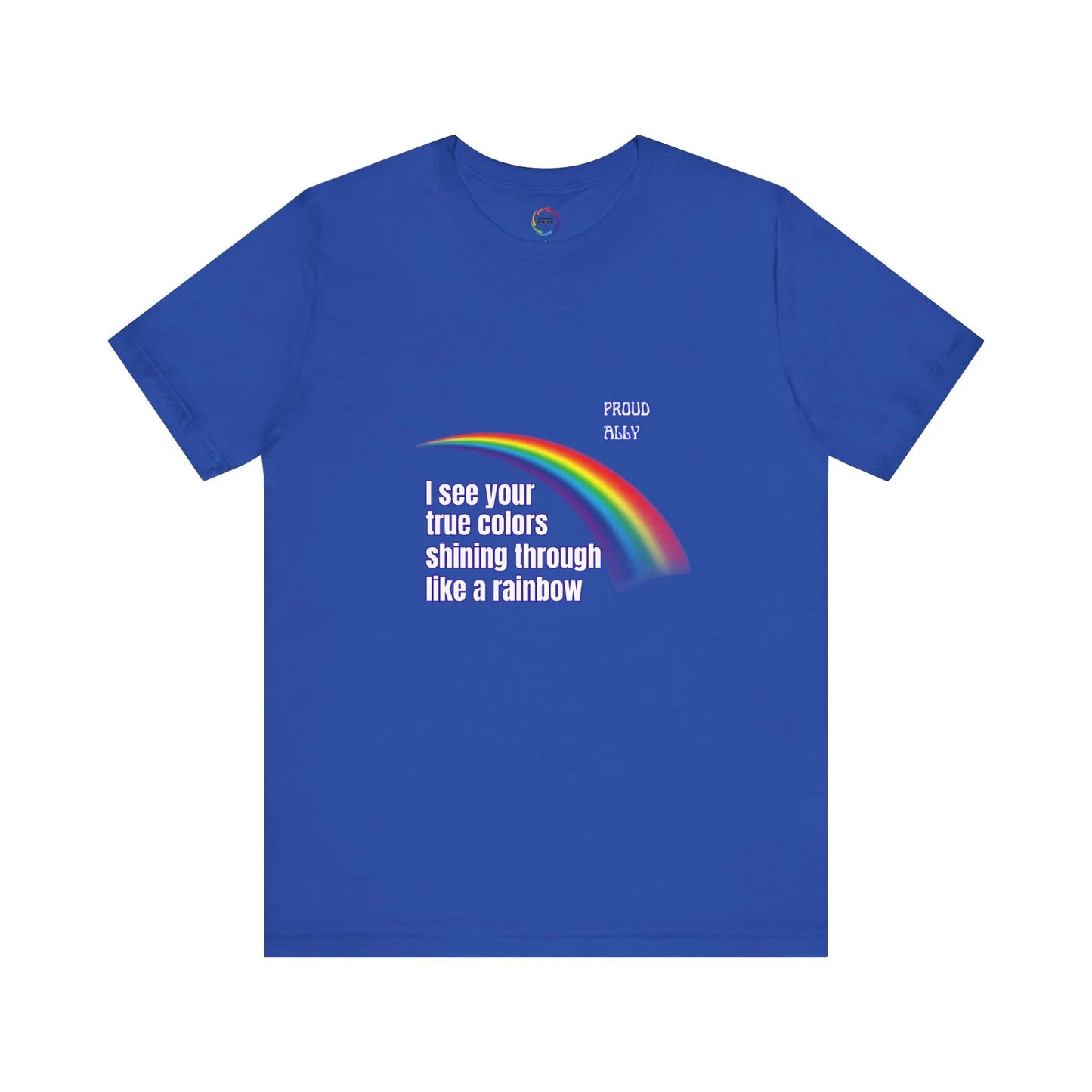 Royal blue t-shirt with a rainbow graphic and text on a white background