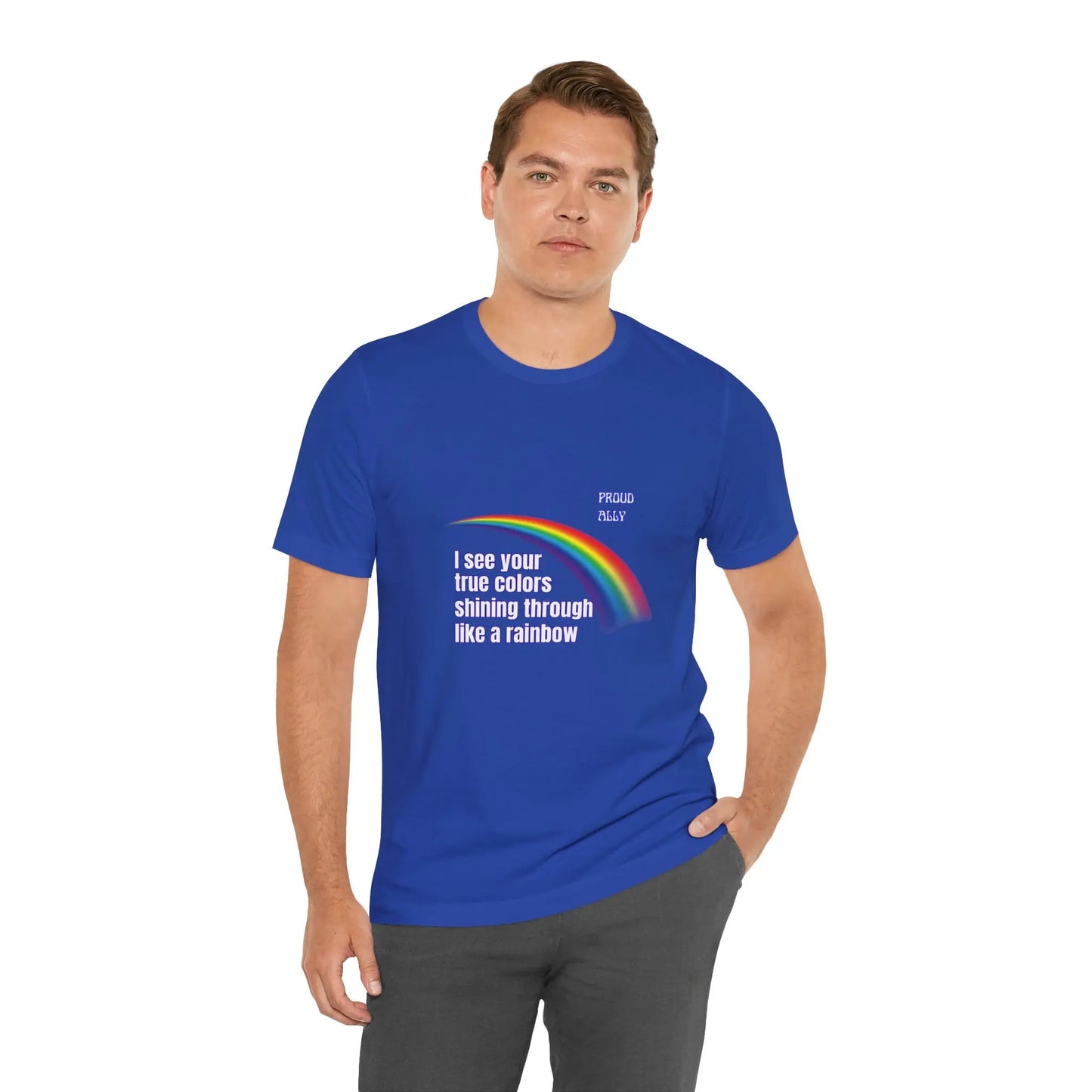 Person wearing a blue t-shirt with a rainbow design and text on a white background