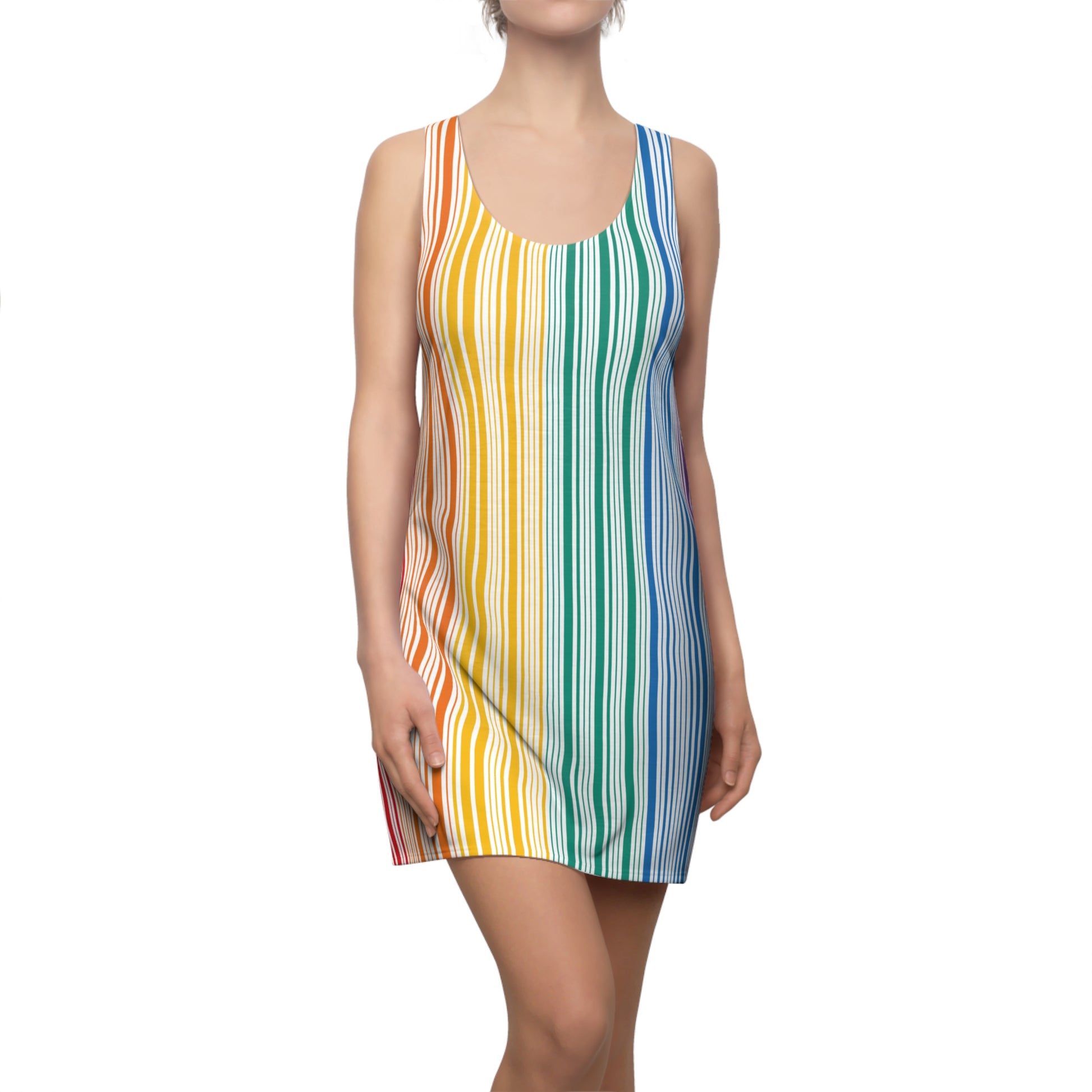A person is wearing a sleeveless dress with vertical rainbow stripes, celebrating the vibrant spectrum from red to blue. With a plain white backdrop, this outfit is a bold nod to Worldwide PRIDE and the unity of the LGBTQ community.