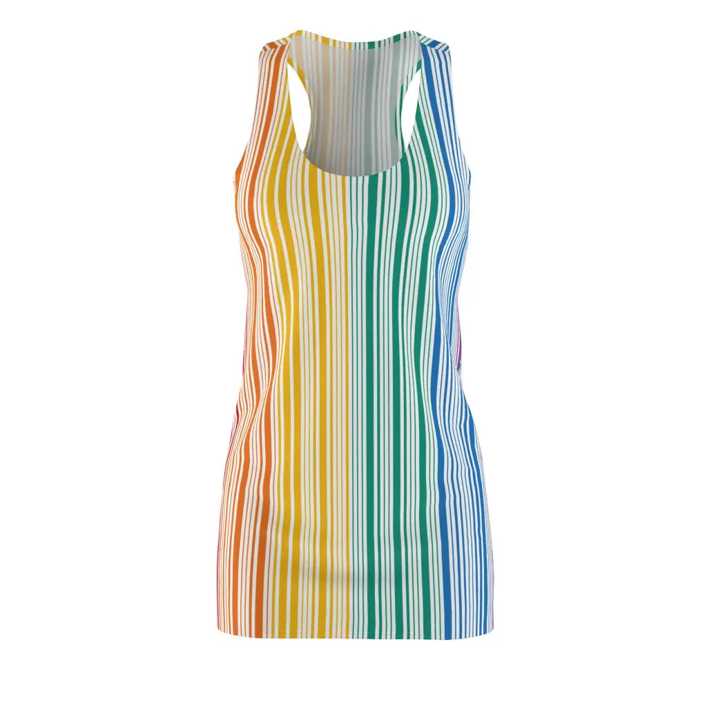 Photo of a sleeveless dress with vertical rainbow stripes, celebrating the vibrant spectrum from red to blue. With a plain white backdrop, this outfit is a bold nod to Worldwide PRIDE and the unity of the LGBTQ community.
