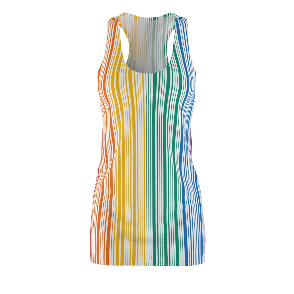 Photo of a sleeveless dress with vertical rainbow stripes, celebrating the vibrant spectrum from red to blue. With a plain white backdrop, this outfit is a bold nod to Worldwide PRIDE and the unity of the LGBTQ community.