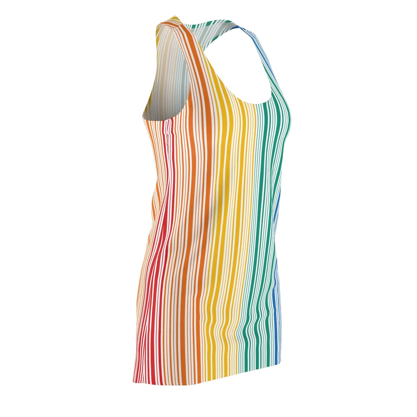 Photo of a sleeveless dress with vertical rainbow stripes, celebrating the vibrant spectrum from red to blue. With a plain white backdrop, this outfit is a bold nod to Worldwide PRIDE and the unity of the LGBTQ community.