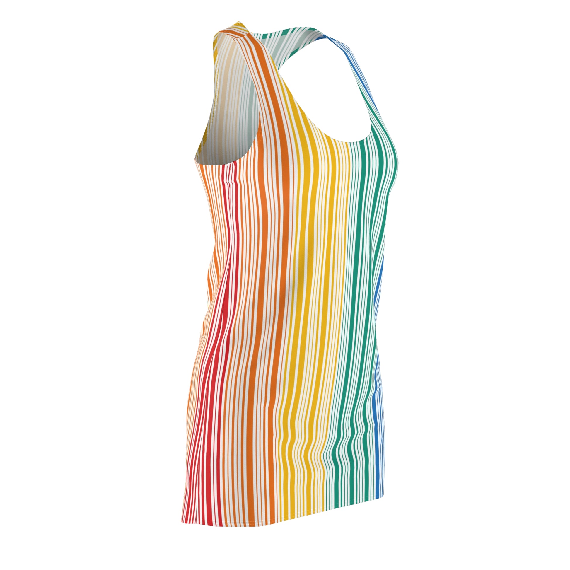 Photo of a sleeveless dress with vertical rainbow stripes, celebrating the vibrant spectrum from red to blue. With a plain white backdrop, this outfit is a bold nod to Worldwide PRIDE and the unity of the LGBTQ community.