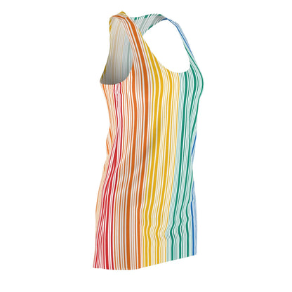 Photo of a sleeveless dress with vertical rainbow stripes, celebrating the vibrant spectrum from red to blue. With a plain white backdrop, this outfit is a bold nod to Worldwide PRIDE and the unity of the LGBTQ community.