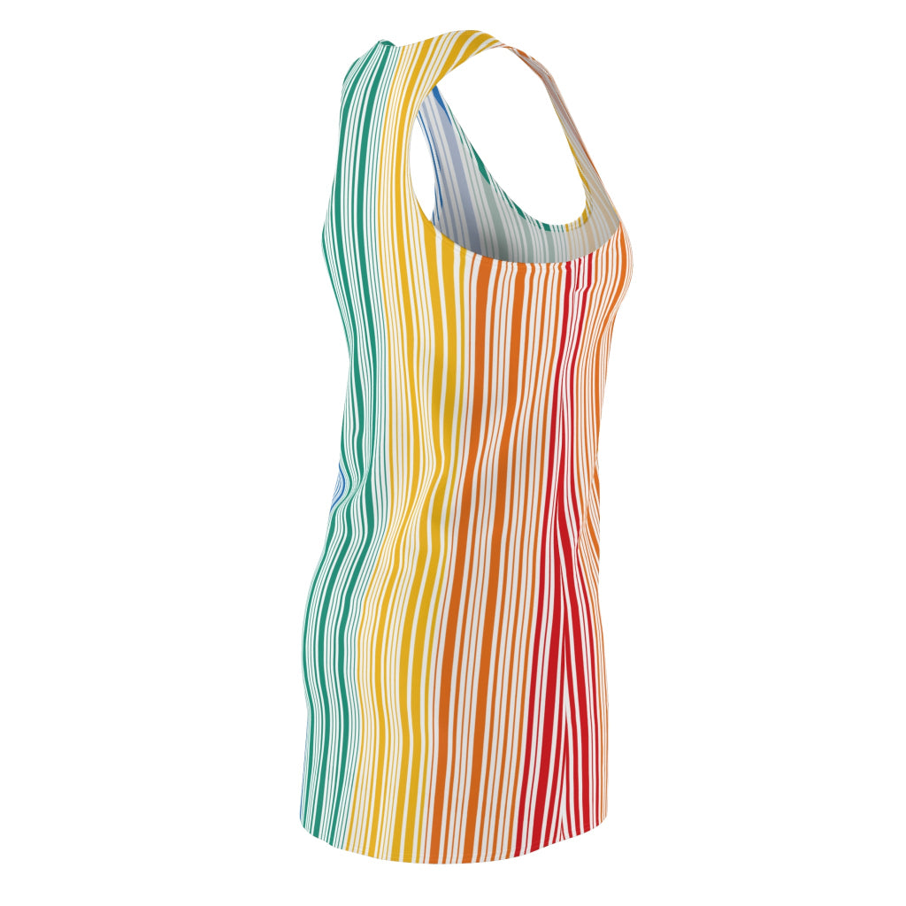 Photo of a sleeveless dress with vertical rainbow stripes, celebrating the vibrant spectrum from red to blue. With a plain white backdrop, this outfit is a bold nod to Worldwide PRIDE and the unity of the LGBTQ community.