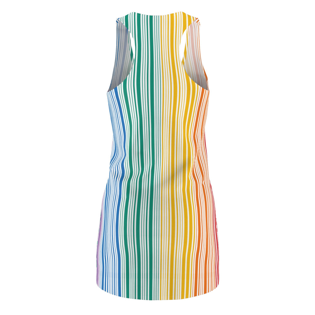 Photo of a sleeveless dress with vertical rainbow stripes, celebrating the vibrant spectrum from red to blue. With a plain white backdrop, this outfit is a bold nod to Worldwide PRIDE and the unity of the LGBTQ community.