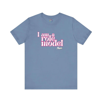 Steel blue t-shirt with 'I am a role model' text in pink on a white background