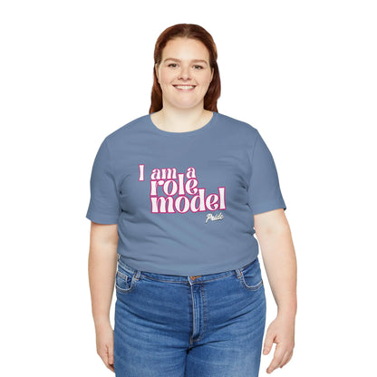 Person wearing a steel blue t-shirt with 'I am a role model' text on a white background