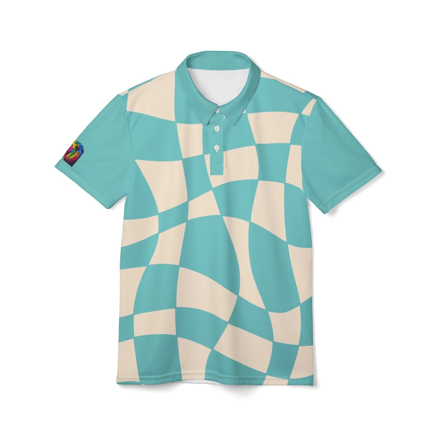 This polo shirt, part of the Subtlety collection, showcases a teal and cream checkered pattern. It features a colorful lion on the right sleeve and a button-up collar, embodying Worldwide PRIDE with its vibrant design.