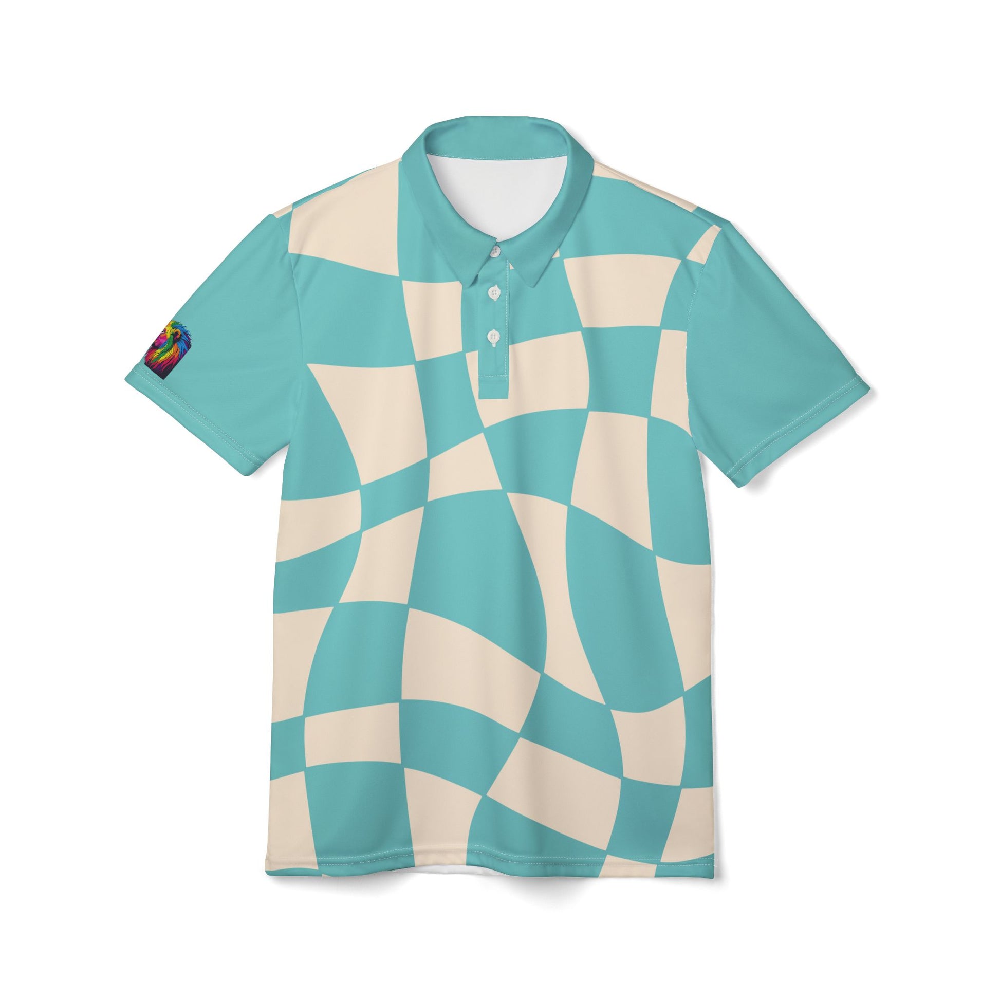 This polo shirt, part of the Subtlety collection, showcases a teal and cream checkered pattern. It features a colorful lion on the right sleeve and a button-up collar, embodying Worldwide PRIDE with its vibrant design.