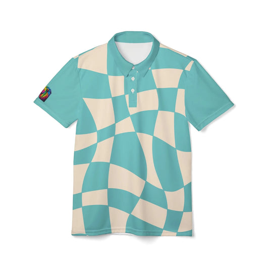 This polo shirt, part of the Subtlety collection, showcases a teal and cream checkered pattern. It features a colorful lion on the right sleeve and a button-up collar, embodying Worldwide PRIDE with its vibrant design.