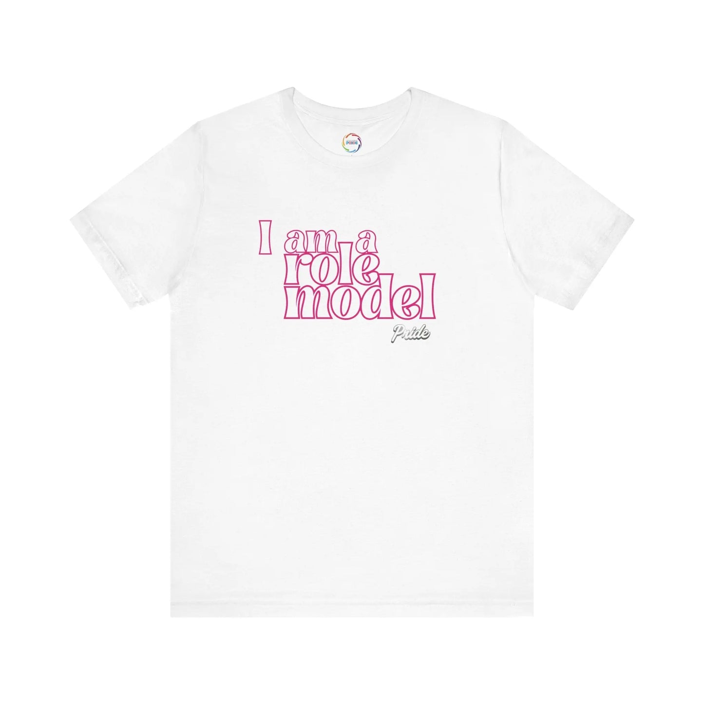 White t-shirt with pink text 'I am a role model' on a white background