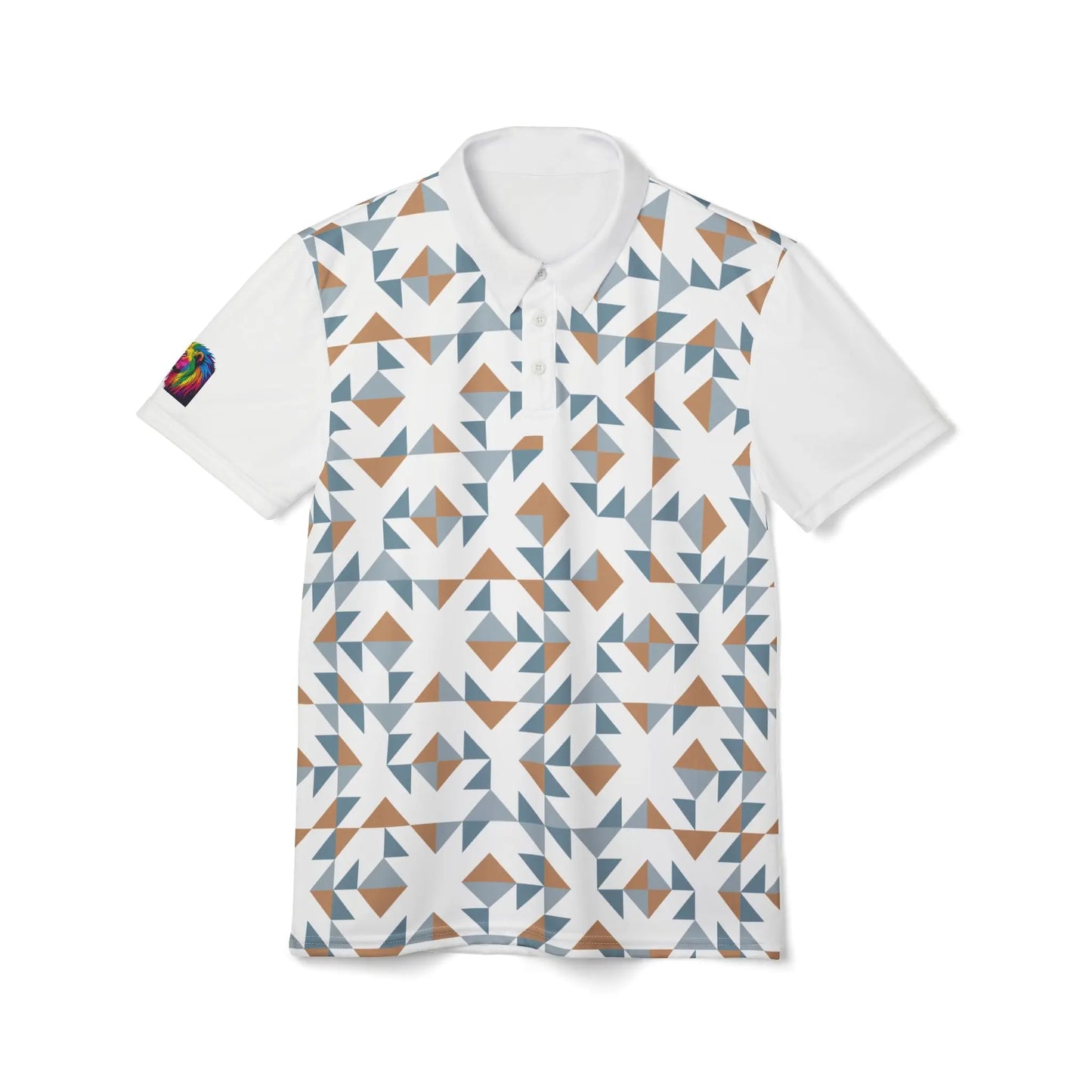 Part of the Subtlety collection, this white polo shirt boasts a geometric pattern with blue, brown, and white shapes. It features a collar, buttons, and a colorful lion on the left sleeve that embodies the spirit of Worldwide PRIDE.