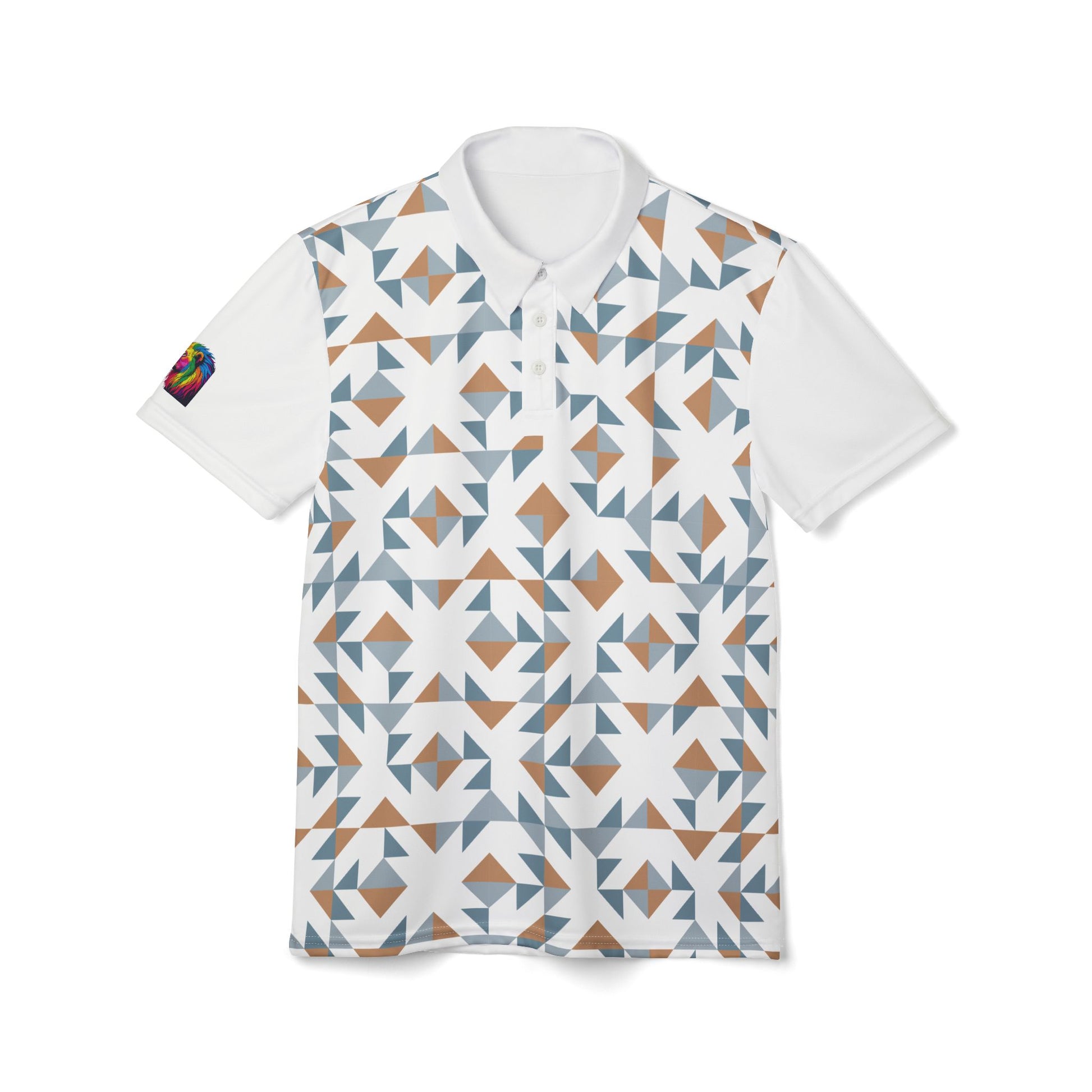 Part of the Subtlety collection, this white polo shirt boasts a geometric pattern with blue, brown, and white shapes. It features a collar, buttons, and a colorful lion on the left sleeve that embodies the spirit of Worldwide PRIDE.