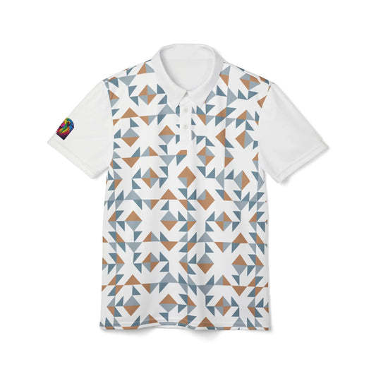 Part of the Subtlety collection, this white polo shirt boasts a geometric pattern with blue, brown, and white shapes. It features a collar, buttons, and a colorful lion on the left sleeve that embodies the spirit of Worldwide PRIDE.