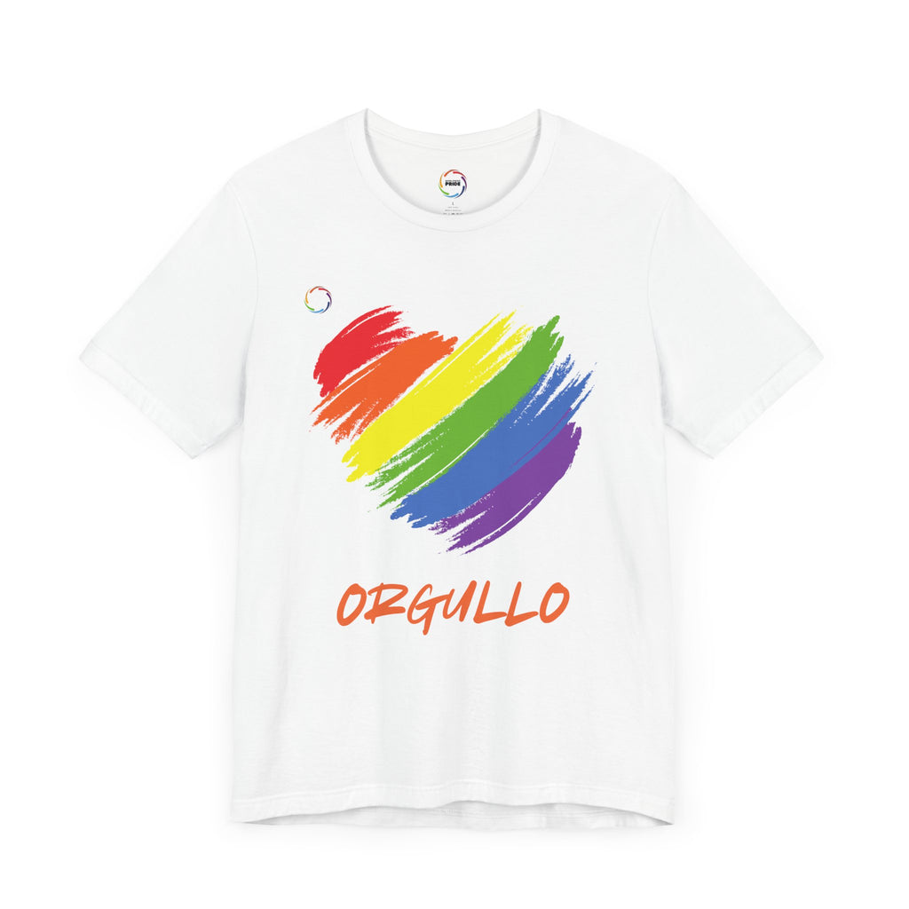 White T-shirt featuring a rainbow-colored splotch brushstroke heart design with the word ORGULLO, celebrating pride in Spanish, below in yellow-orange letters. Perfect for showing support for the LGBTQ community and Worldwide PRIDE events.