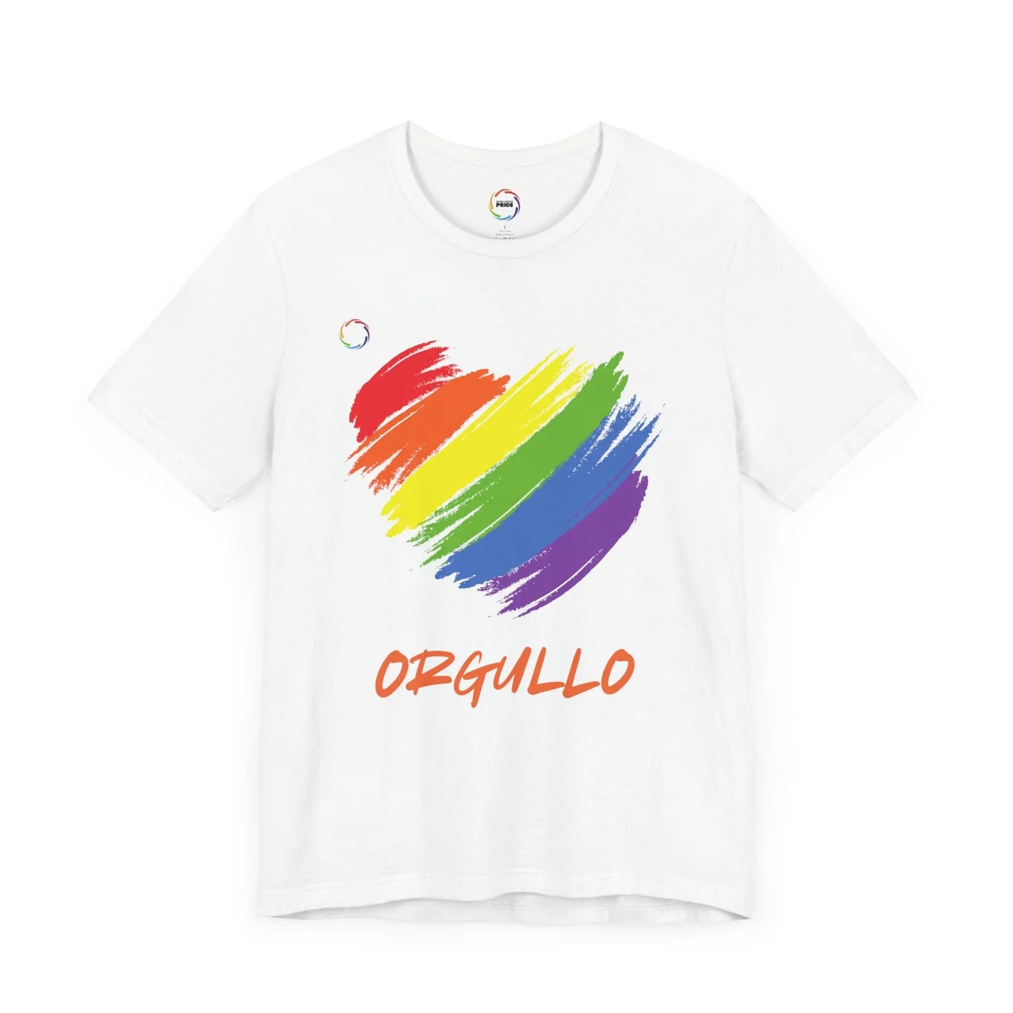 White T-shirt featuring a rainbow-colored splotch brushstroke heart design with the word ORGULLO, celebrating pride in Spanish, below in yellow-orange letters. Perfect for showing support for the LGBTQ community and Worldwide PRIDE events.