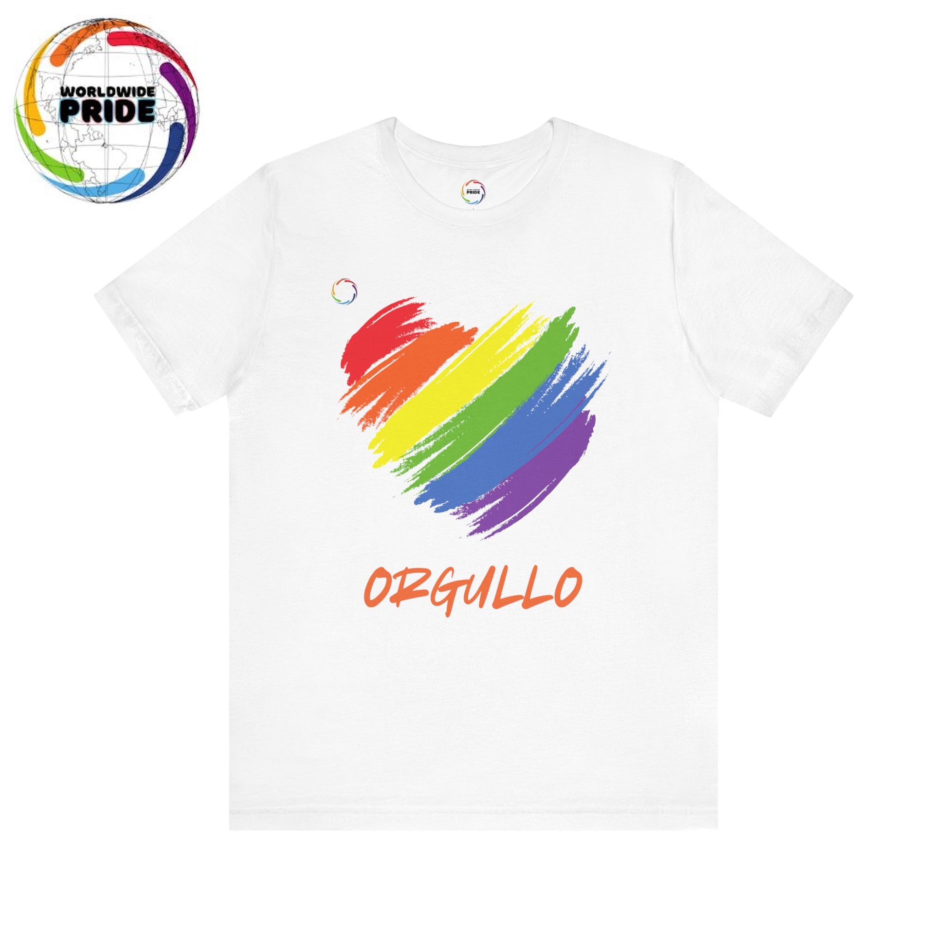 White T-shirt featuring a rainbow-colored splotch brushstroke heart design with the word ORGULLO, celebrating pride in Spanish, below in yellow-orange letters. Perfect for showing support for the LGBTQ community and Worldwide PRIDE events.