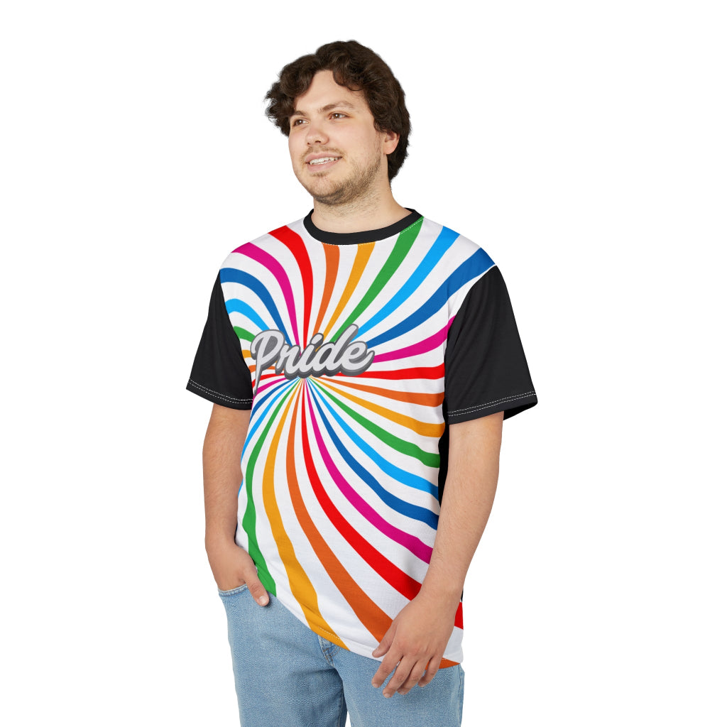 A person wearing a t-shirt with a vibrant spiral pattern in white and rainbow colors, proudly showcasing Pride at its center, celebrating the LGBTQ community. The black sleeves and back of the shirt are a stylish contrast to the front design.