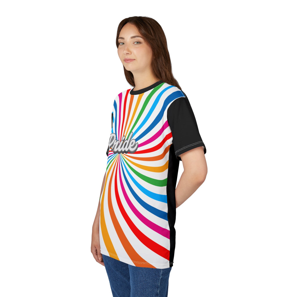 A person wearing a t-shirt with a vibrant spiral pattern in white and rainbow colors, proudly showcasing Pride at its center, celebrating the LGBTQ community. The black sleeves and back of the shirt are a stylish contrast to the front design.