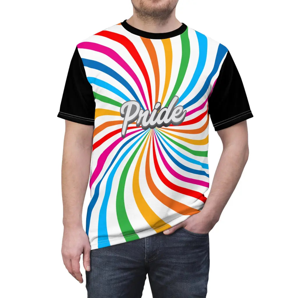 A person wearing a t-shirt with a vibrant spiral pattern in white and rainbow colors, proudly showcasing Pride at its center, celebrating the LGBTQ community. The black sleeves and back of the shirt are a stylish contrast to the front design.