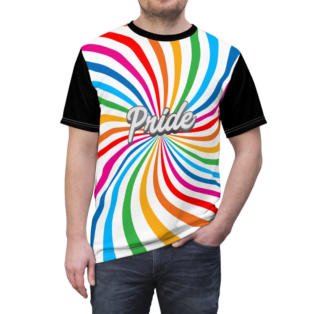 A person wearing a t-shirt with a vibrant spiral pattern in white and rainbow colors, proudly showcasing Pride at its center, celebrating the LGBTQ community. The black sleeves and back of the shirt are a stylish contrast to the front design.