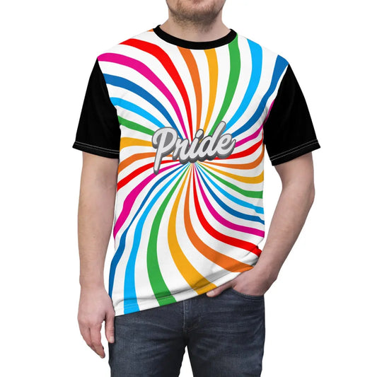 A person wearing a t-shirt with a vibrant spiral pattern in white and rainbow colors, proudly showcasing Pride at its center, celebrating the LGBTQ community. The black sleeves and back of the shirt are a stylish contrast to the front design.