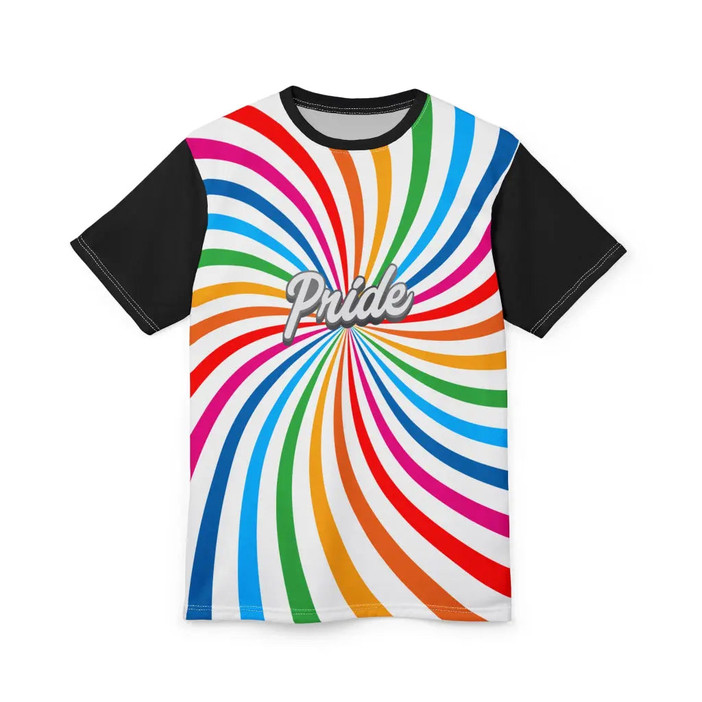 A t-shirt with a vibrant spiral pattern in white and rainbow colors, proudly showcasing Pride at its center, celebrating the LGBTQ community. The black sleeves and back of the shirt are a stylish contrast to the front design.