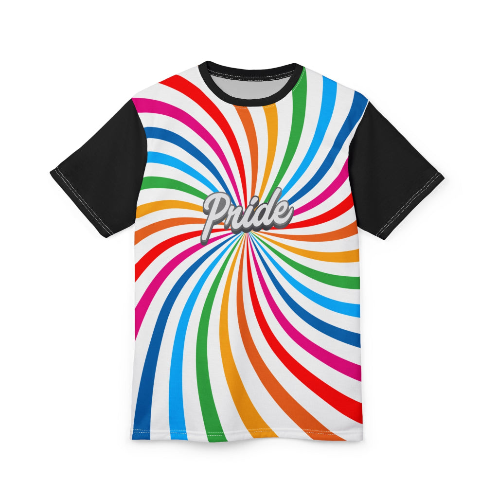 A t-shirt with a vibrant spiral pattern in white and rainbow colors, proudly showcasing Pride at its center, celebrating the LGBTQ community. The black sleeves and back of the shirt are a stylish contrast to the front design.
