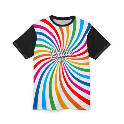 A t-shirt with a vibrant spiral pattern in white and rainbow colors, proudly showcasing Pride at its center, celebrating the LGBTQ community. The black sleeves and back of the shirt are a stylish contrast to the front design.