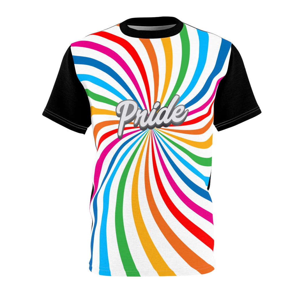 A t-shirt with a vibrant spiral pattern in white and rainbow colors, proudly showcasing Pride at its center, celebrating the LGBTQ community. The black sleeves and back of the shirt are a stylish contrast to the front design.