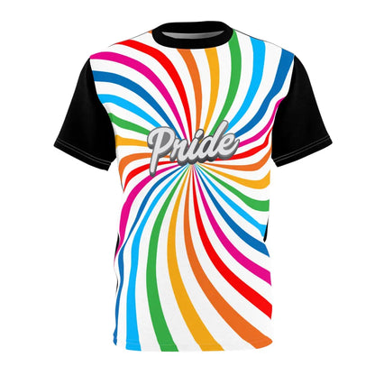 A t-shirt with a vibrant spiral pattern in white and rainbow colors, proudly showcasing Pride at its center, celebrating the LGBTQ community. The black sleeves and back of the shirt are a stylish contrast to the front design.