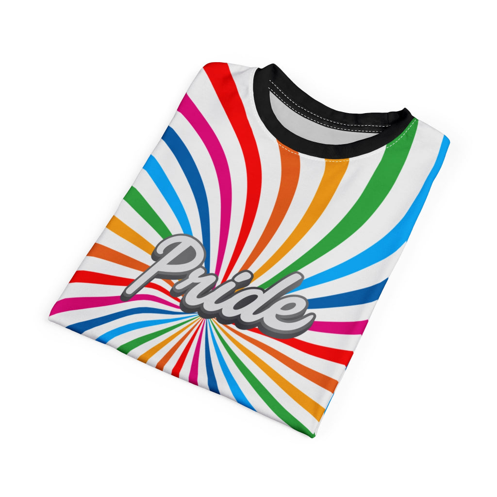 A t-shirt with a vibrant spiral pattern in white and rainbow colors, proudly showcasing Pride at its center, celebrating the LGBTQ community. The black sleeves and back of the shirt are a stylish contrast to the front design.