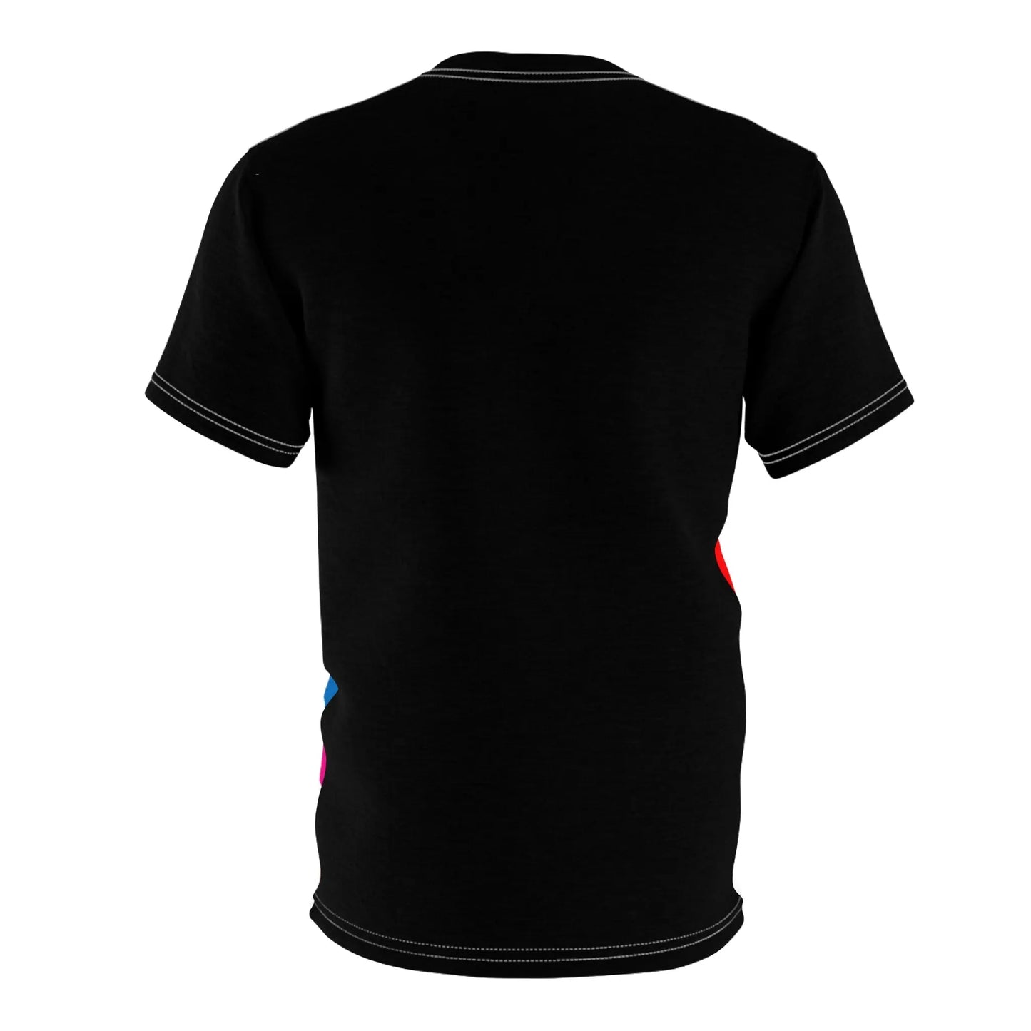 The back of a t-shirt with a vibrant spiral pattern in rainbow colors, proudly showcasing Pride at its center, celebrating the LGBTQ community. The back is black with white stitching on the sleeves, neck, and bottom hem.