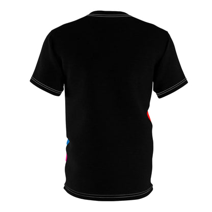 The back of a t-shirt with a vibrant spiral pattern in rainbow colors, proudly showcasing Pride at its center, celebrating the LGBTQ community. The back is black with white stitching on the sleeves, neck, and bottom hem.