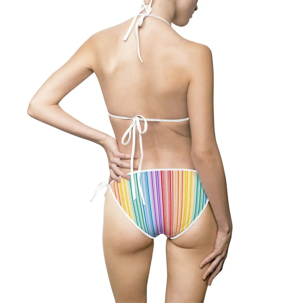 Rear view of a person wearing the vibrant Colorful Floral Bikini Swimsuit for Women, featuring a rainbow-striped bikini bottom and white spaghetti-strap top tied at the neck and back. The minimalistic white background highlights the lively hues of this summer beachwear collection.