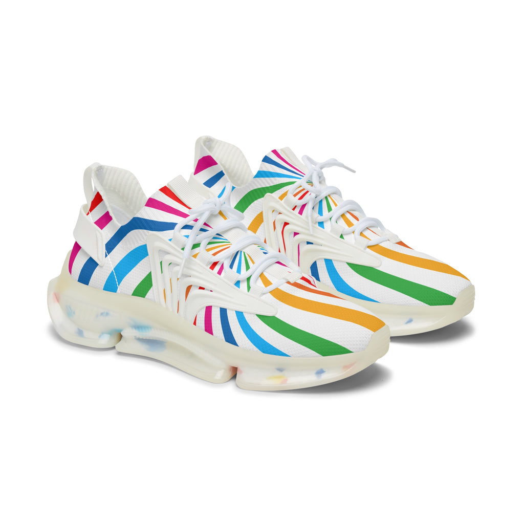 Colorful striped sneakers celebrates Worldwide PRIDE. The vibrant sneakers with translucent soles echo the spirit of the LGBTQ community against a plain white background.