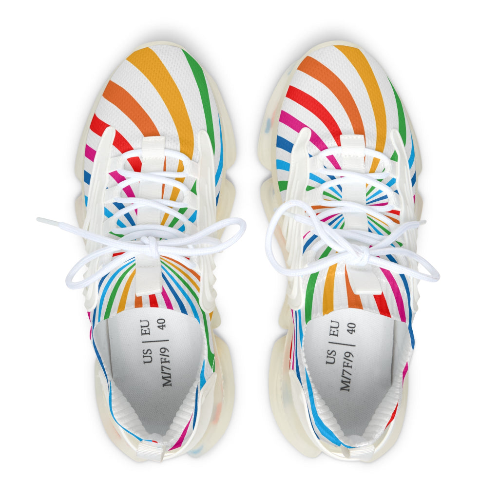 Colorful striped sneakers celebrates Worldwide PRIDE. The vibrant sneakers with translucent soles echo the spirit of the LGBTQ community against a plain white background.