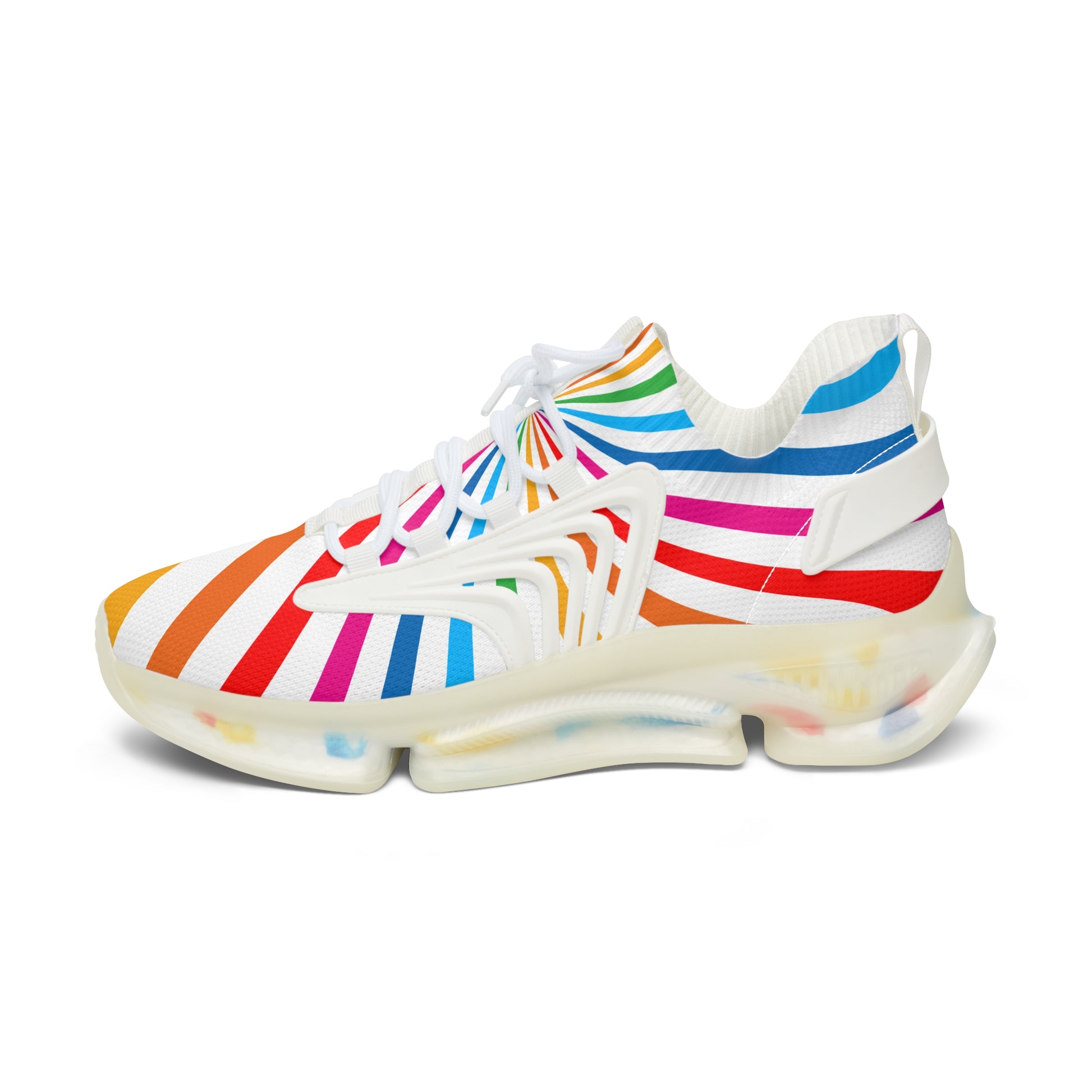 Colorful striped sneakers celebrates Worldwide PRIDE. The vibrant sneakers with translucent soles echo the spirit of the LGBTQ community against a plain white background.