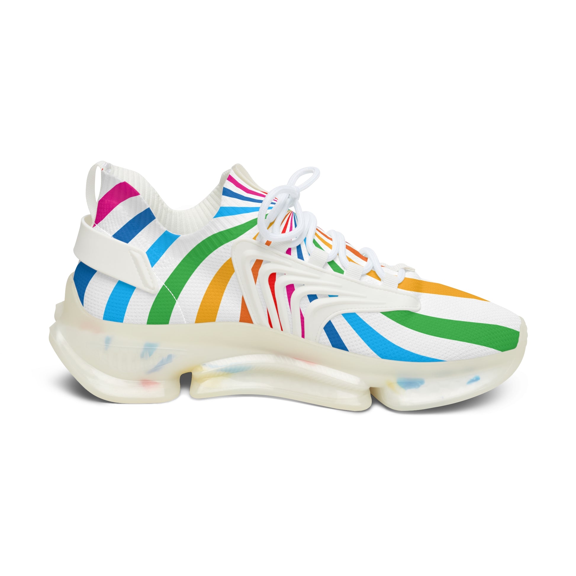 Colorful striped sneakers celebrates Worldwide PRIDE. The vibrant sneakers with translucent soles echo the spirit of the LGBTQ community against a plain white background.