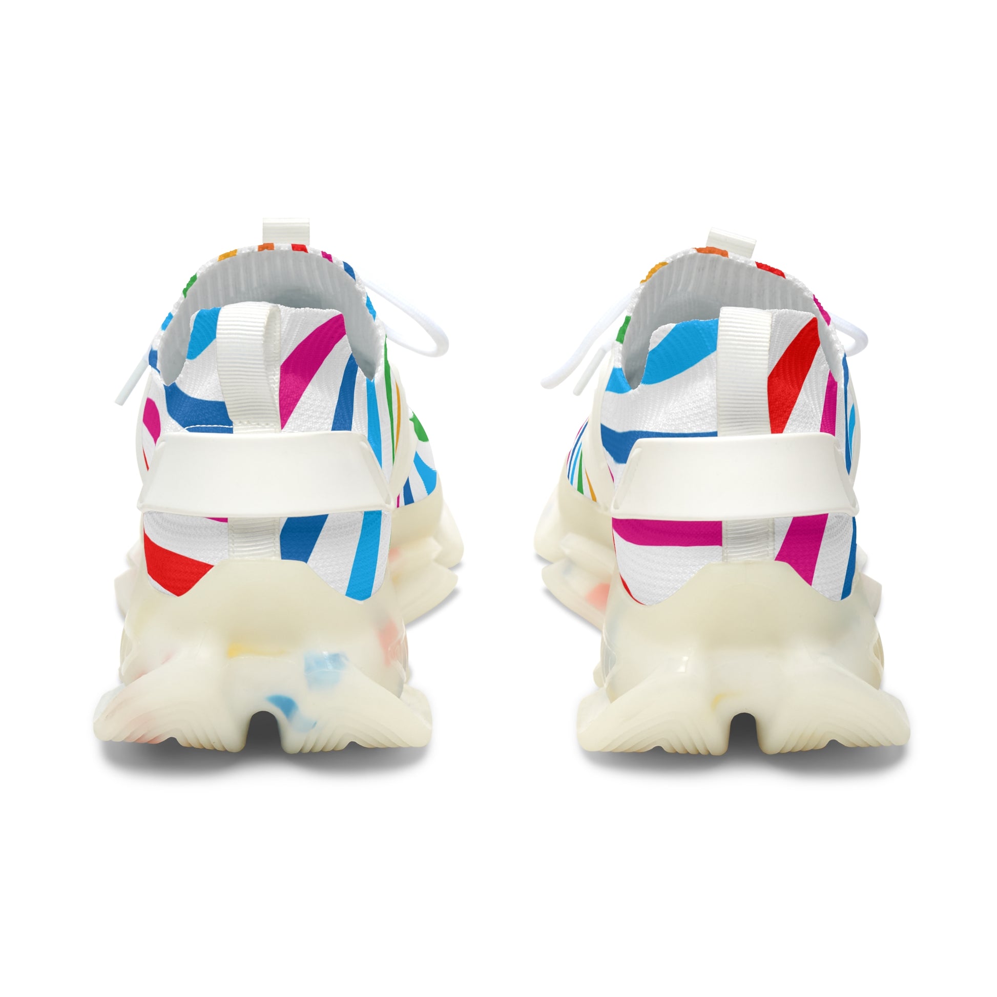 Colorful striped sneakers celebrates Worldwide PRIDE. The vibrant sneakers with translucent soles echo the spirit of the LGBTQ community against a plain white background.