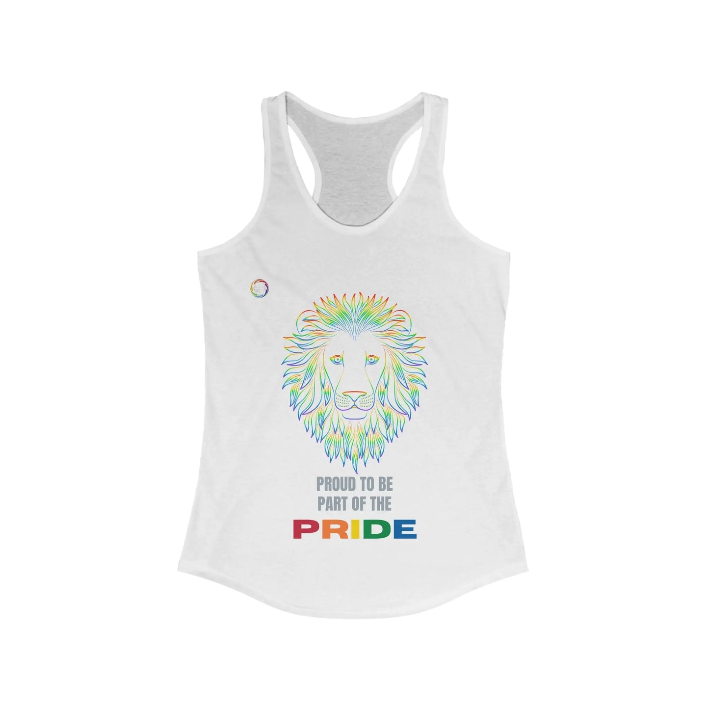 White tank top featuring a colorful lion illustration and the text Proud to be part of the PRIDE, with PRIDE in rainbow colors, celebrating the vibrant spirit of the LGBTQ community.