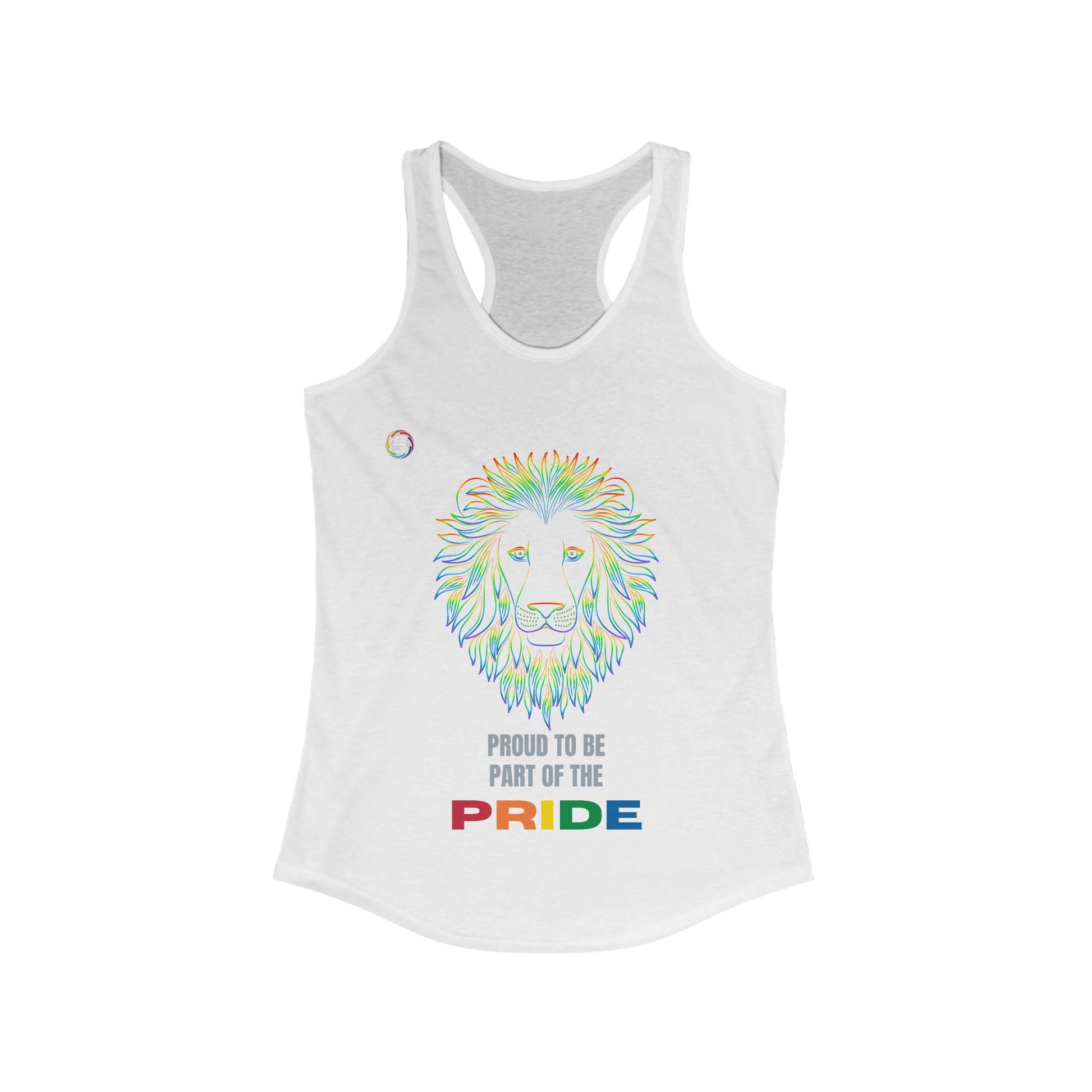 White tank top featuring a colorful lion illustration and the text Proud to be part of the PRIDE, with PRIDE in rainbow colors, celebrating the vibrant spirit of the LGBTQ community.