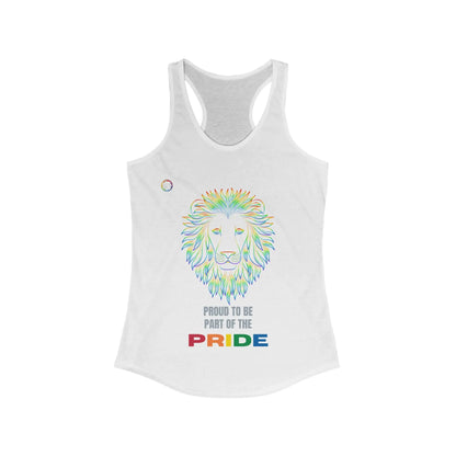White tank top featuring a colorful lion illustration and the text Proud to be part of the PRIDE, with PRIDE in rainbow colors, celebrating the vibrant spirit of the LGBTQ community.