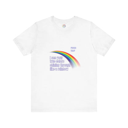 White t-shirt with rainbow design and text on a white background